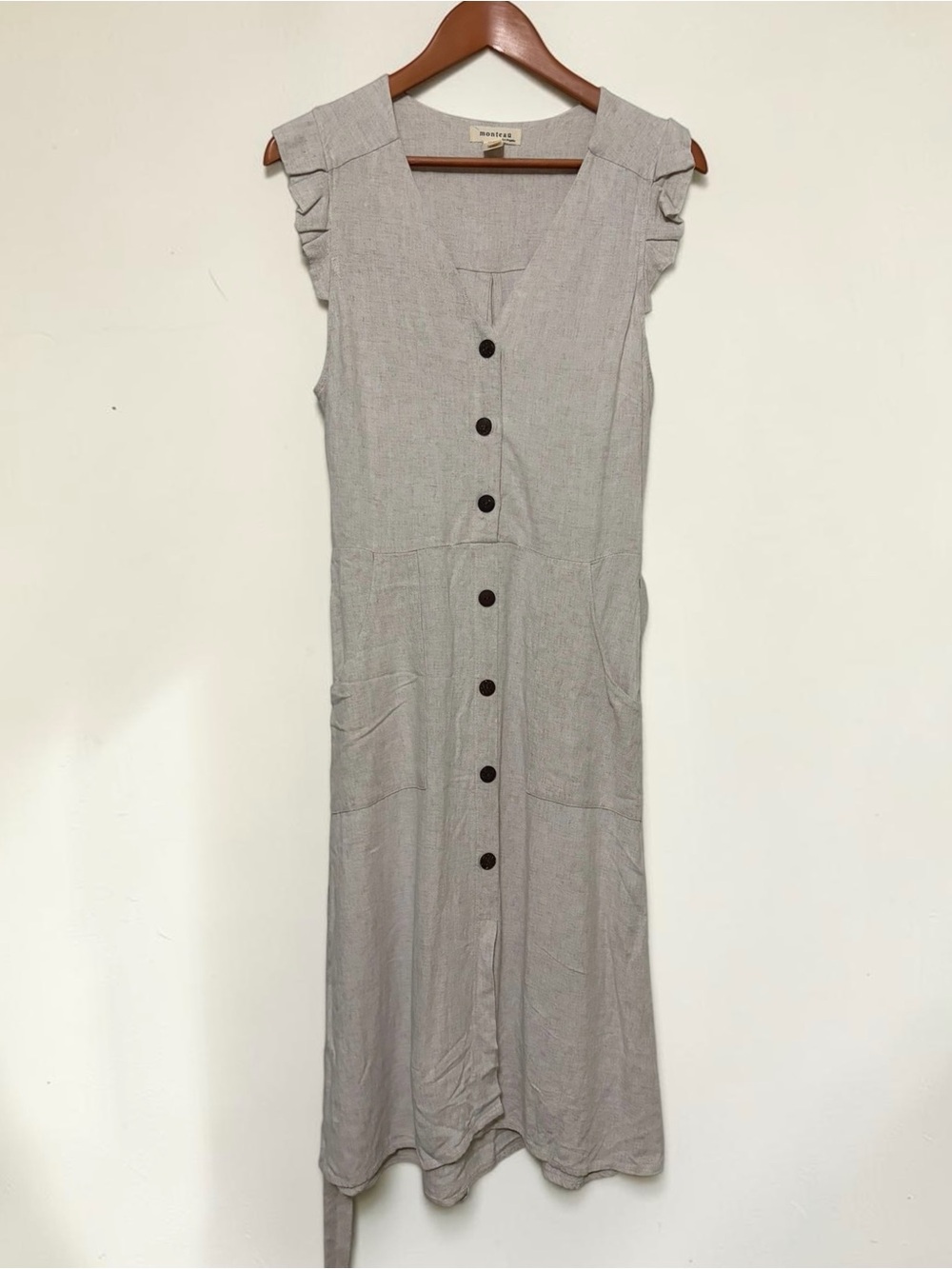 ⁠Monteau Los Angeles Linen Blend Button Front Midi Dress Pockets Oatmeal L⁠